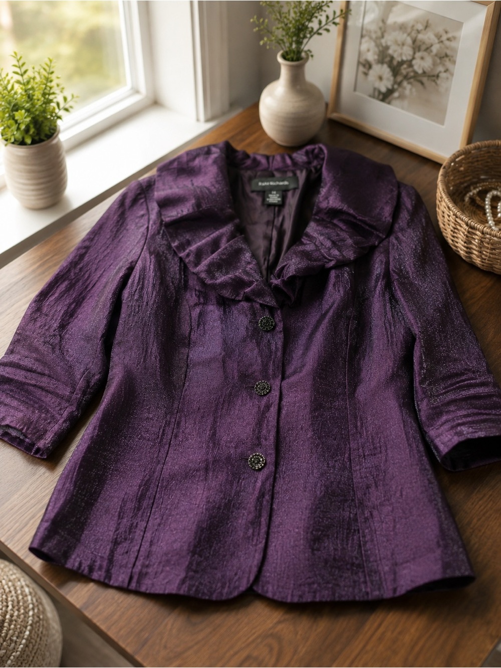R&M Richards Purple Ruffle Collar Jacket Blazer Size 14 Dressy Evening Formal